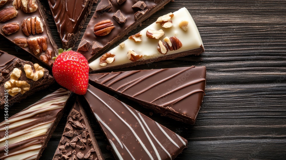 Poster an appealing display of assorted chocolate bars topped with nuts and a strawberry, presenting a deli
