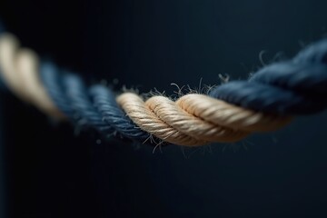 Close-up of an old, brown hemp rope with a strong knot, isolated on a black background, showcasing its rough, fibrous texture