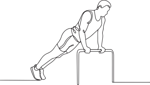 continuous single line drawing of a person doing push-up exercise on parallel bars in athletic wear against white background