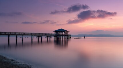 Obraz premium Wooden seaside pier stretching into calm sea with softly blurred horizon background under pastel sunset light