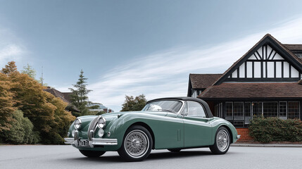 A green vintage convertible car parked in front of an English Tudorstyle house. Symbolizes luxury, nostalgia, and the golden age of automotive design. Ideal for lifestyle, travel, or design themes.