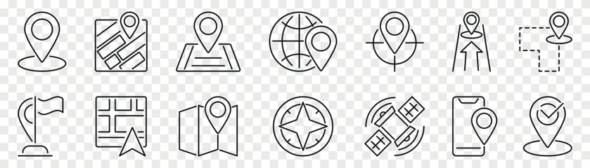 GPS navigation outline vector icon set