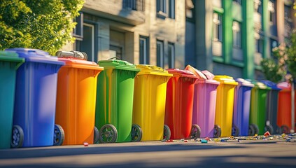 Colorful recycling bins line a city street