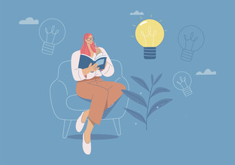 Businesswoman sitting reading a book on a chair with light bulbs around her, Concept of learning, creativity, Skill development, Innovation and ideas. Flat design vector illustration.