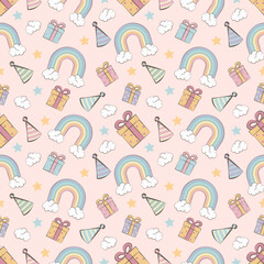 Seamless pattern on a pink background with gifts, rainbow and party hats