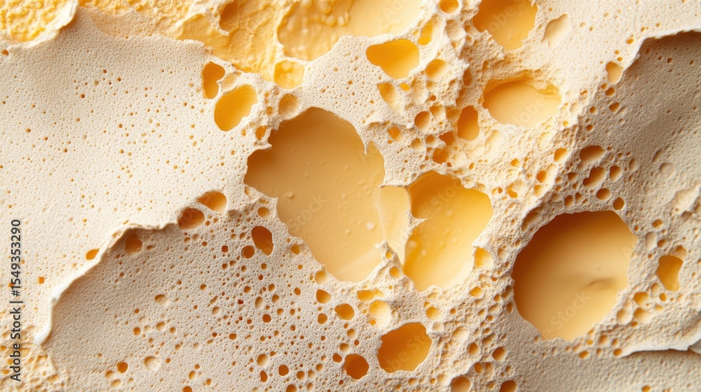 Poster close-up of textured foam with bubbles and irregular holes, showcasing its unique structure, materia