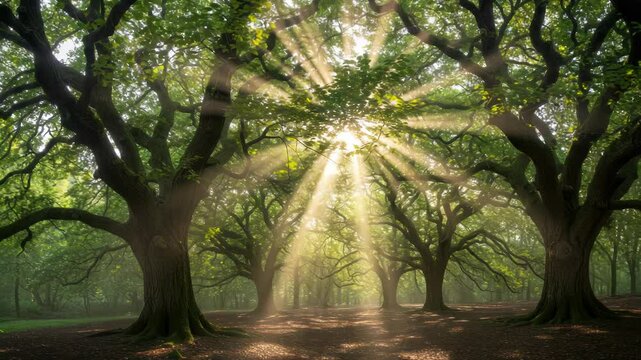 Sunlight streams through lush green trees
