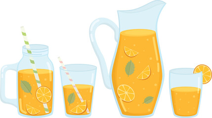 Jug, glasses and jar of orange lemonade or juice isolated on white. Various containers of summer drink with orange slices and mint