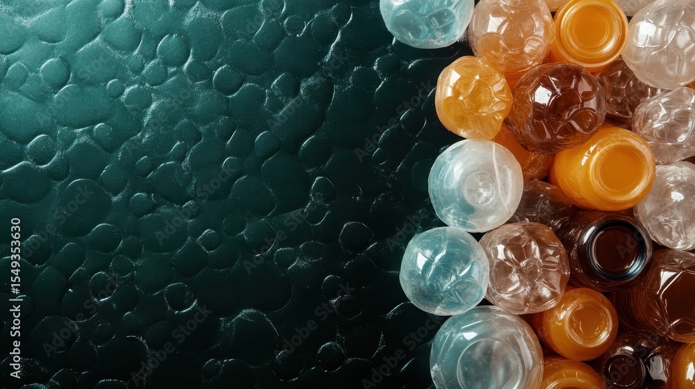 Poster an artistic arrangement of assorted transparent bottles lies on a textured dark surface, capturing t