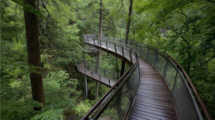 Fototapeta premium Elevated Wooden Walkway Through Lush Green Forest