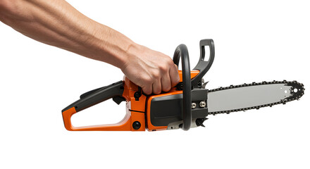 Fototapeta premium Holding Orange Chainsaw with Bare Arm and Hand on White Background