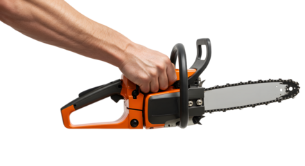 Holding Orange Chainsaw with Bare Arm and Hand on White Background