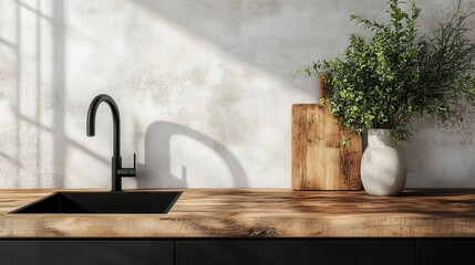 Explore a stylish and contemporary kitchen counter featuring black accents, earthy wooden textures, and greenery that creates a chic and inviting home atmosphere.