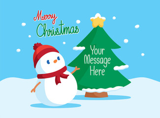 cute snowman is presenting something on christmas tree graphic
