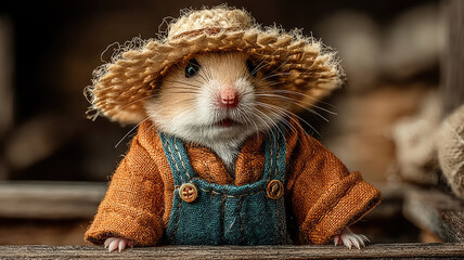 Cute Hamster in Denim Overalls and Hat – Whimsical Animal Illustration with Playful Personality on White Background
