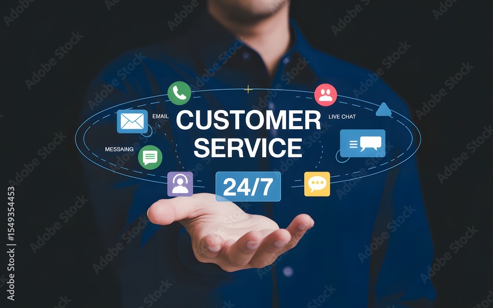 Poster professional representing customer service with 24/7 availability for support and communication