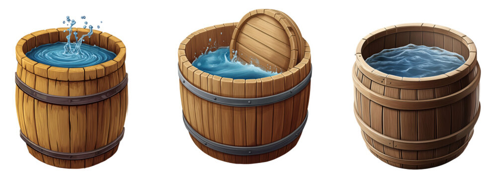 Set of various Barrel with open top and water isolated on transparent background