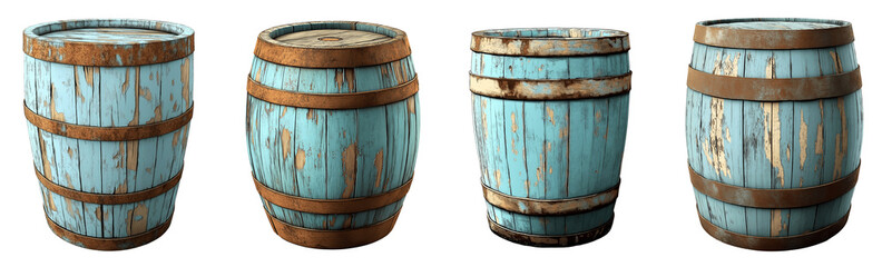 Fototapeta premium Set of various light blue vintage wooden barrel isolated on transparent background