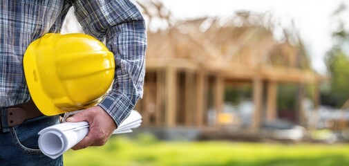 The builder examining construction plans at a residential site in bright daylight.