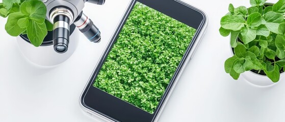 Smartphone Displaying Green Plant Texture with Microscope and Plants