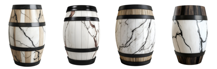 Set of various wine barrel with white marble texture isolated on transparent background