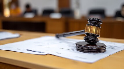 Obraz premium Gavel resting on legal documents with open law book, symbolizing justice, court trial, legal dispute resolution and copyright law concept.