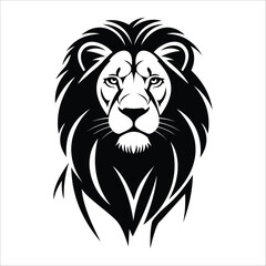 Stylized black and white lion head illustration, featuring bold, smooth lines and abstract shapes. The mane is depicted with flowing, curved strokes radiating outward, creating a sense of movement. 