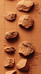 Textured Orange Rocks on a Brown Surface with Uneven Shadows