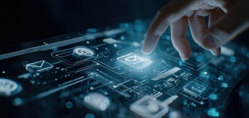 The hand interacting with futuristic touchscreen technology and glowing icons.