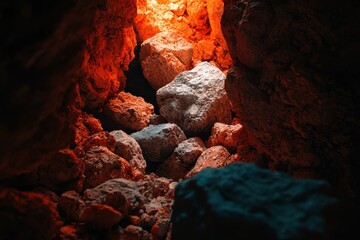 Light Illuminates Rocks in Cave Formation with Warm Orange Glow
