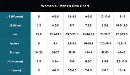 Men and Women Global Shoe Size Measurement Complete Chart