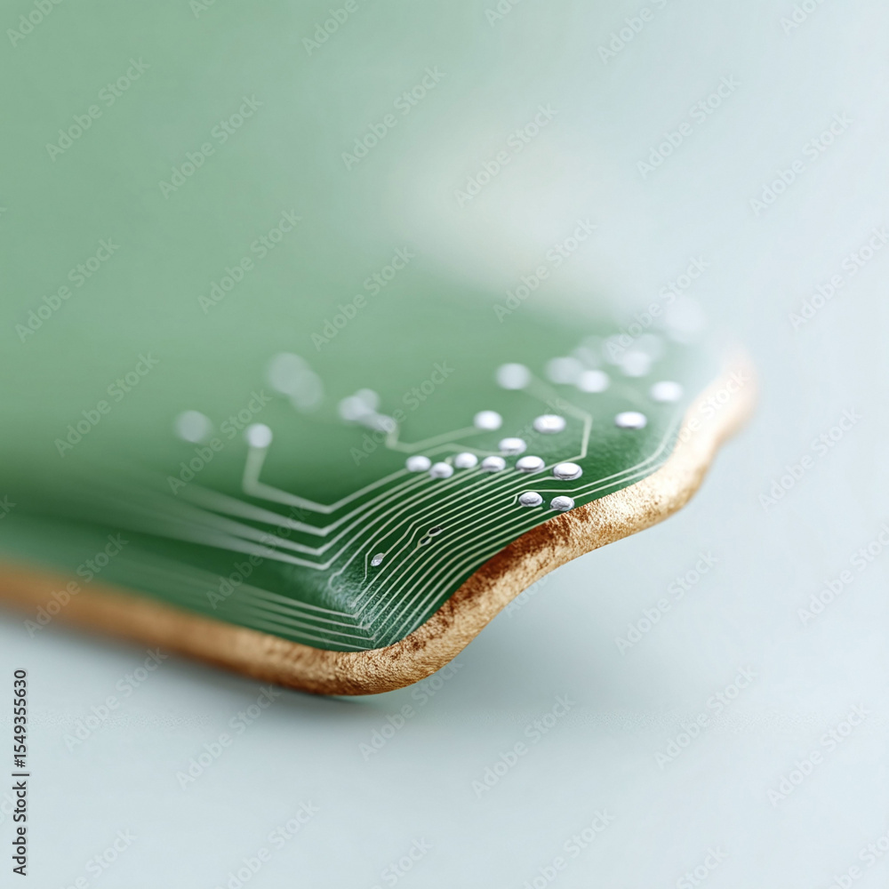 Poster macro view of a green circuit board with gold edge. illustrates technology, connectivity, and precis