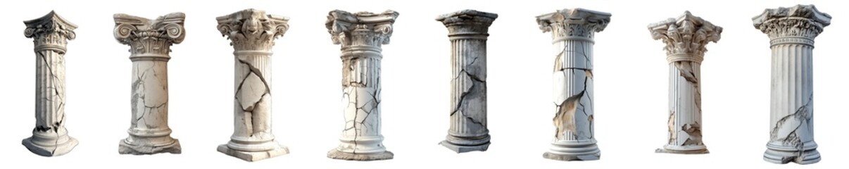 Set of various old cracked greek column isolated on transparent background