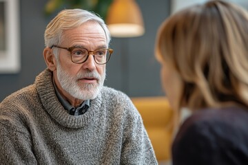 Senior man conversing in a depressed therapy session with a psychologist in the office, addressing mental health concerns., Generative AI