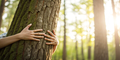 Hands that grasp the trees in the concept of forest conservation and the use of natural resources...