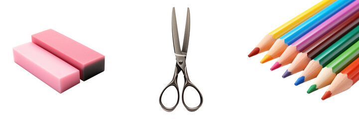 A set of scissors, an eraser, and a colored pencil.
