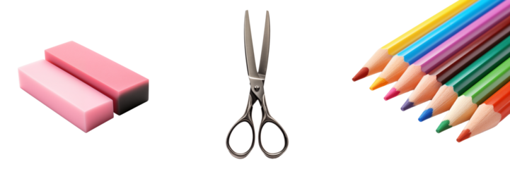 A set of scissors, an eraser, and a colored pencil.
