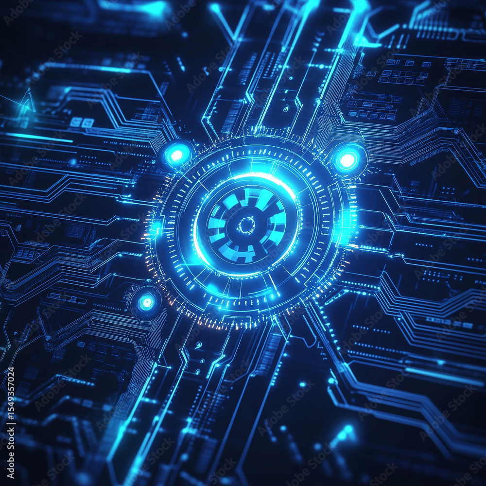 Poster illuminated circuit board technology with glowing blue connections and data flow