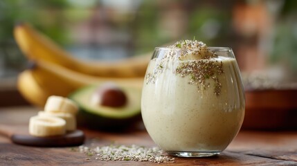 Avocado banana smoothie with chia seed sprinkle on a softly blurred loft apartment kitchen background under natural light