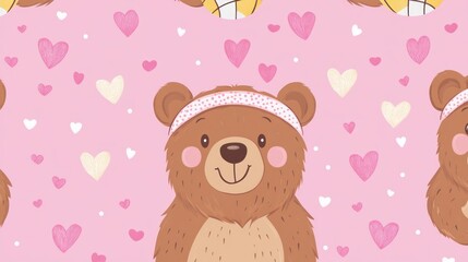 Fototapeta premium Cute bear with hearts and sports ball pattern