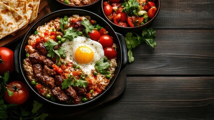 A mouthwatering culinary creation featuring rice, succulent meat, a runny egg, and fresh vegetables, all artistically arranged, exemplifying deliciousness and a rich variety in dining.