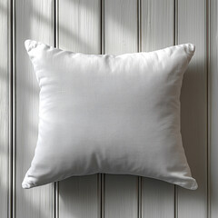 White Pillow Mockup on Rustic Wooden Surface – Blank Cushion for Design Presentation or Product Display