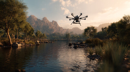 Floating AI drone scanning a futuristic landscape. Futuristic concept drone robot. AI automation technology for safe health transport, vaccine delivery, medical logistics.