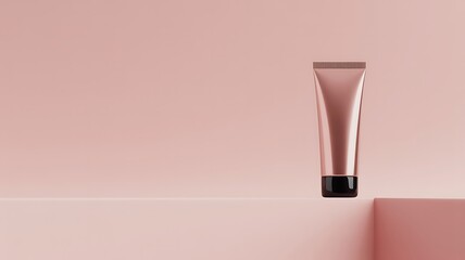 Rose gold cosmetic tube on pink background