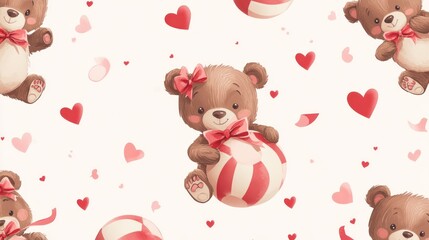 Cute teddy bears with hearts and candies on a white background.  A repeating pattern