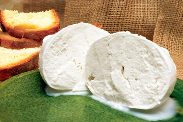 Fresh mozzarella cheese with its whey and toasted bread on green plate
