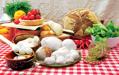 Fresh mozzarella cheese with vegetables, bread and oregano on checkered tablecloth