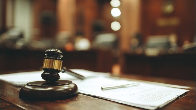 Gavel resting on legal documents with open law book, symbolizing justice, court trial, legal dispute resolution and copyright law concept.