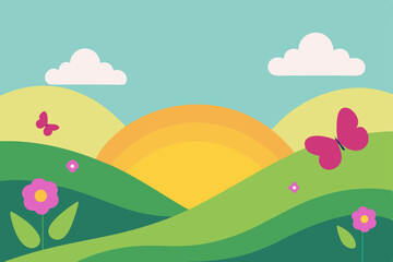 Fototapeta premium Vector cartoon illustration of a vibrant spring or summer landscape with a rainbow, green hills, sun, clouds, and flowers in a meadow
