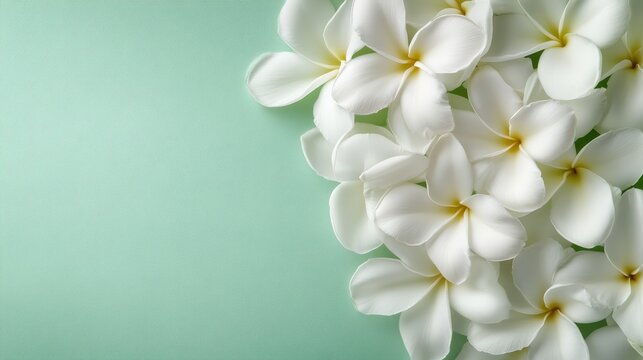 A beautiful arrangement of white flowers against a soft mint green background creates a calming and elegant atmosphere, perfect for various design projects and decor.